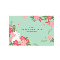 2023 Happy New Year, New year card design template with winter plants and white rabbit.