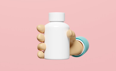 3d hand holding white pill bottle isolated on pink background. mock up template concept, 3d render illustration