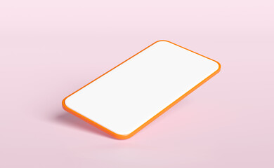 3d orange smartphone, mobile phone isolated on pink background. screen phone template, empty screen phone mockup, minimal concept, 3d render illustration