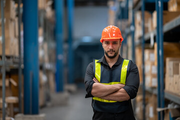 Portrait smiling worker wearing green vest and orange helmet with arms crossed in a large warehouse...