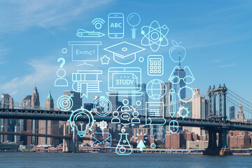 Brooklyn and Manhattan bridges with New York City financial downtown skyline panorama at day time over East River. Technologies, education concept. Academic research, top ranking university, hologram