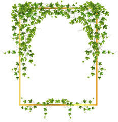 Fototapeta premium Abstract invitation design with leaves, tvigs and geometric frame.Golden frame with green branchHerbal minimalistic vector frame.Greenery wedding square invitation.