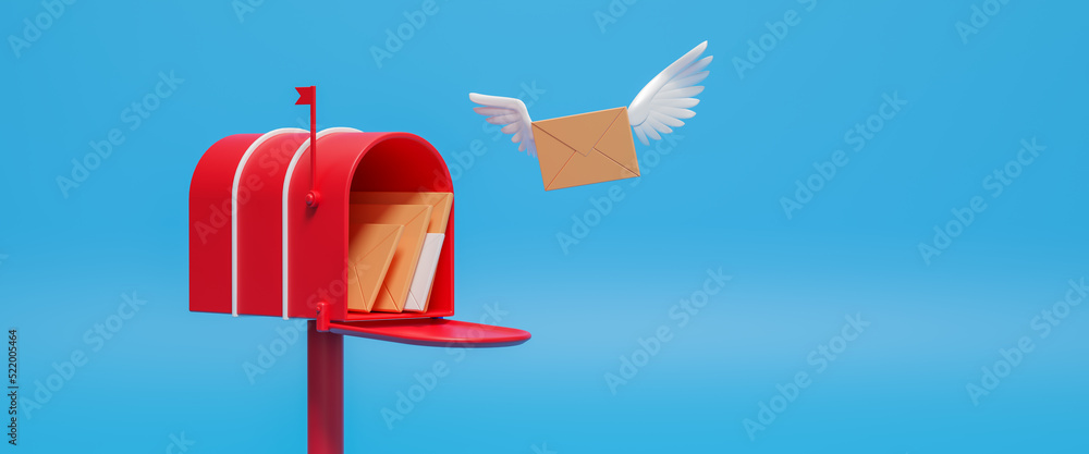 Poster red mailbox with flying envelope, open mailbox with letters inside, mail delivery and newsletter con