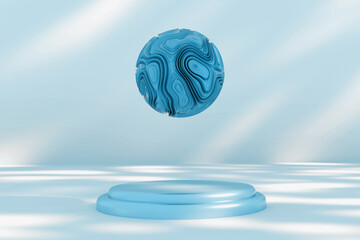 Fototapeta na wymiar Minimal blue abstract geometric background with direct sunlight and wavy ball. Showcase with an empty podium platform. 3D visualization