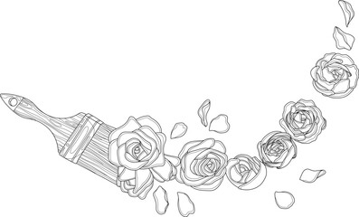 Realistic rose flowers and petals on paint brush sketch template. Graphic vector illustration in black and white for games, background, pattern, decor. Coloring paper, page, story book, print