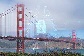 Naklejka na ściany i meble The iconic view of the Golden Gate Bridge from South side at day time, San Francisco, California, United States. The concept of cyber security to protect confidential information, padlock hologram