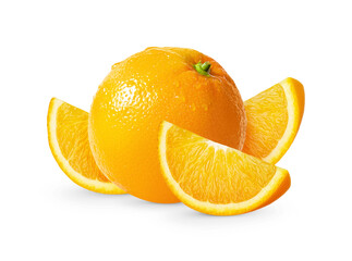 One large whole orange and several slices isolated on white background. Fruit composition. Juice packaging layout design element. Sweet carbonated drinks. Organic food. Ripe cut citrus. Vitamin source