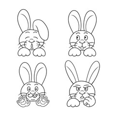 Vector , Collection of monochrome characters, cute little rabbits in cartoon style, funny and angry rabbit
