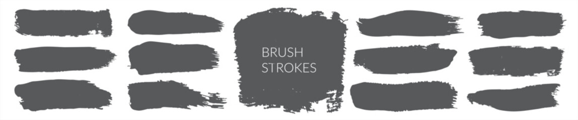Smudge brush strokes vector paintbrush set, grunge streak templates for japanese calligraphy. Brushstroke design elements. Long text boxes. Dirty distress texture banners. Empty painted objects - obrazy, fototapety, plakaty