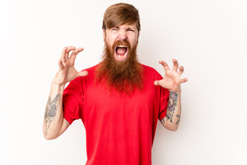 Young caucasian red-haired man isolated on white background screaming with rage.