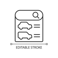 Online car search site linear icon. Vehicle buying website. Car shopping, selling. Kind of website. Thin line illustration. Contour symbol. Vector outline drawing. Editable stroke. Arial font used