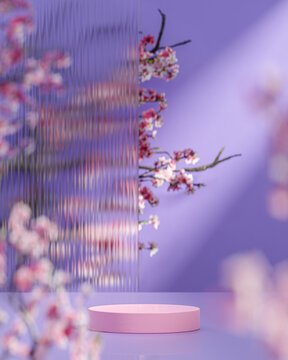 Violet podium stand on cherry blossom flower background for product placement 3d render 
