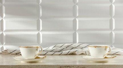 A table in the kitchen with a free space and sunlight shining on the wall