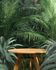 Wooden table on garden or tropical forest background for product placement 3d render   