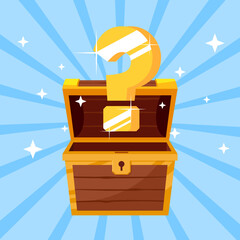 Open mystery wooden chest. Treasure on blue background. Random a secret loot box concept. Vector illustration cartoon flat design.