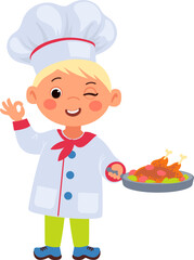Boy chef holding roasted chicken on pan. Kid cooking