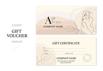 Set of modern gift cards template. Modern style beige ivory vector illustration of flowers for saloon, gallery, spa, shop. Gift voucher coupon certificate