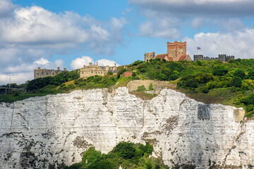 Dover castle on white cliffs, England