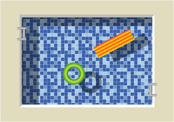 Vista aérea de una piscina con teselas azules como fondo y un flotador y colchoneta sobre el agua - obrazy, fototapety, plakaty