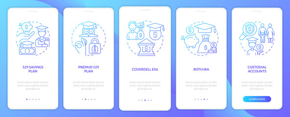 Account types for college savings blue gradient onboarding mobile app screen. Walkthrough 5 steps graphic instructions with linear concepts. UI, UX, GUI template. Myriad Pro-Bold, Regular fonts used