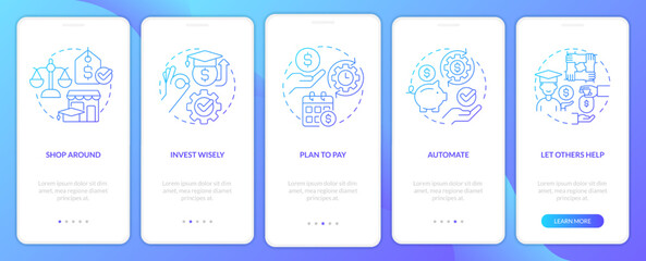 Naklejka premium Saving for college tips blue gradient onboarding mobile app screen. Funds walkthrough 5 steps graphic instructions with linear concepts. UI, UX, GUI template. Myriad Pro-Bold, Regular fonts used
