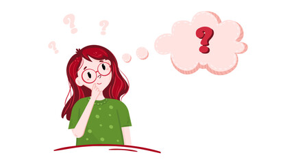 Thinking girl look on question mark. Curious young woman has doubt. Cute Child with confuse face looks on speech bubble. Person is brainstorming.