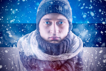 Isolate. Cold weather. Bask. A man in a fur hat and scarf warms his hands with his mouth. It's...