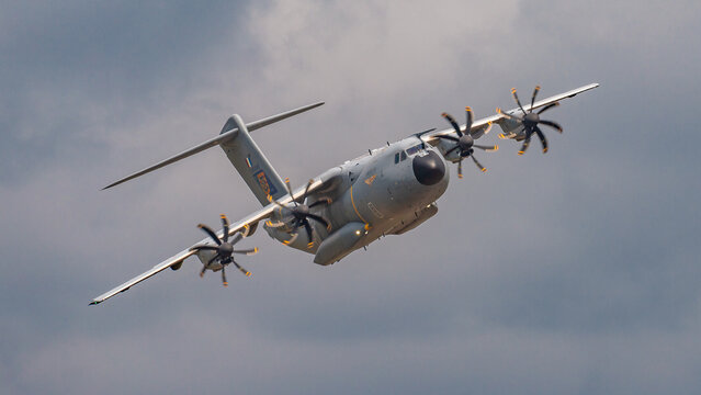 Airbus A400M on display against a cloudy sky