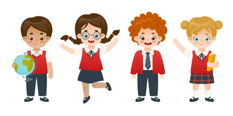 Set of cute school children in uniform. Happy cartoon students. Adorable pupils collection.