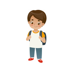 Cute school boy standing with backpack. Adorable happy kid. Cartoon little student.