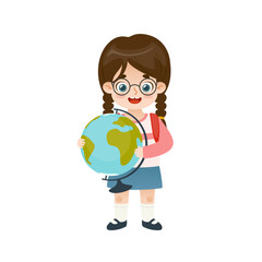 Cute school girl standing with globe. Happy cartoon student with world map. Adorable pupil.