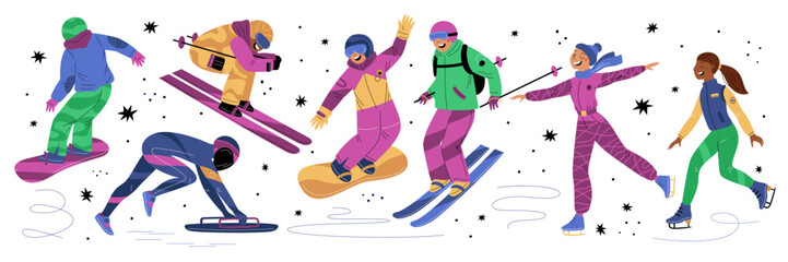 Winter sports. Young sportsmen. Skiers and snowboarders. Ice and snow skating. Cartoon athletes in gear. Bobsledders and skaters. People activities. Athletic competition. Garish vector set