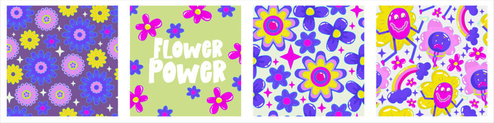 Daisy flower power poster set for print design. Abstract trippy psychedelic pattern. Flower power. Funny vector illustration. Retro 1990 poster for tshirt design