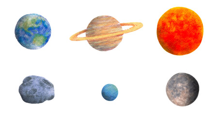 Earth, Sun, Moon, Planets and rock meteorite illustration isolated, png file of solar system and star object hand drawn painting for kid, children, school, baby printing, galaxy stickers, textile. © toxxiiccat