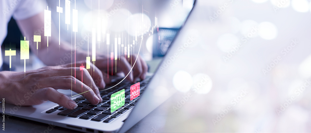 Poster stock market invest concept.trader analyzing data on virtual screen.price graph and indicator. stock