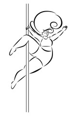 A beautiful woman doing pole dance moves and shapes. Pole fitness, pole sport. Studio and classes concept. Every body shapes and ages are welcome. Minimal lines style.