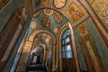 Interior of the St. Sophia Cathedral with mosaic, painting frescoes on the wall and the golden altar. Kyiv, Ukraine