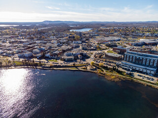 Obraz premium Aerial panoramic view of Rouyn-Noranda City and Osisko Lake on sunset time. Abitibi-Temiscamingue, Quebec, Canada.
