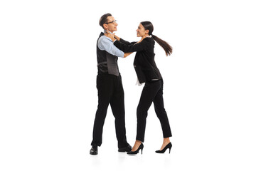 Portrait of man and woman, office managers, employees fighting with each other isolated on white background