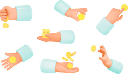 Set 3d hands hold money, gold coins. Online shop or bank icons. 3d design elements for business, financial, banking concept. Cartoon vector illustration.