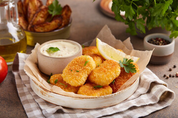 Nuggets served with potato wedges and sauce. Fish and chips.