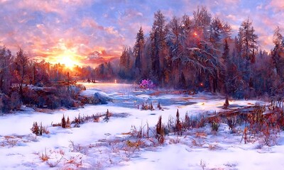 Calm winter landscape. Frozen white forest against cloudy sky. Digital painting illustration. Beautiful natural wallpaper