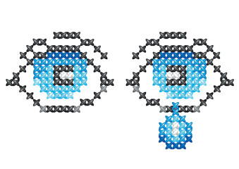 Eyes pixel cross-stitch embroidery art. Game over. Eye with teardrop symbol, logo fancywork. Lined, ruled eye black silhouette. Dotted pop art illustration. Crying eyes icon . Pixel art logo vector