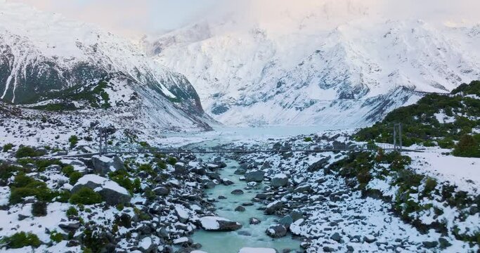 Aerial view of Mount Cook and snowy alpine lake New Zealand.
