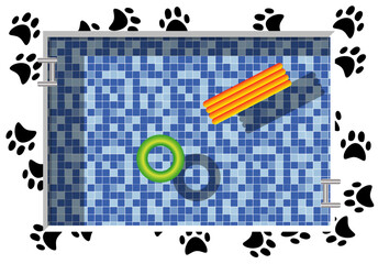Vista aérea de piscina con estampado de huellas de oso negras en su borde, fondo de teselas en tonos azules, y un flotador verde y una colchoneta naranja y amarilla.. Verano en la piscina - obrazy, fototapety, plakaty
