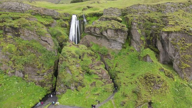 Drone view at Gljufrabui waterfall on Iceland
