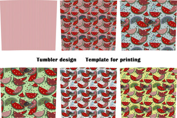 Backgrounds and templates for wrapping 20-oz Tumbler. Sublimation watermelon slices and flowers. Watermelon is sweet and fresh.