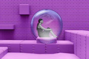 Young woman apart in her microcosm, introvert, social distance. Interior 3d render