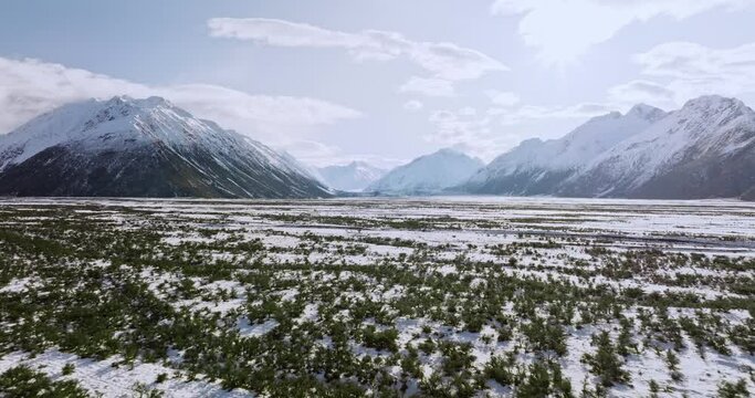 Aerial view of snow covered mountains Mount Cook/Aoraki and snow covered landscape New Zealand.