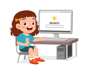 cute little kid use computer to study internet